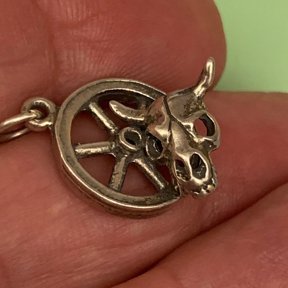 Wagon Wheel and Cow Steer Skull Sterling Silver Jewelry Charm #western